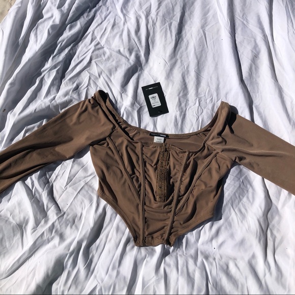 mocha cropped corset imitation long sleeve shirt - Picture 3 of 5